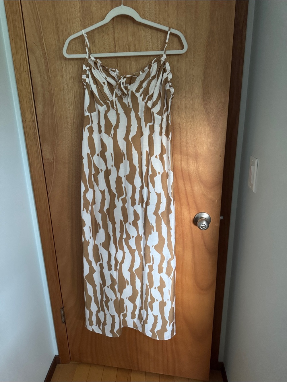 Monteau White and Tan Patterned Spaghetti-Strap Maxi Dress